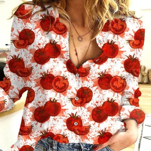Jammy Job Button Down 3xl (fits like 2xl) Tomato Print Long Sleeve - Picture 1 of 1